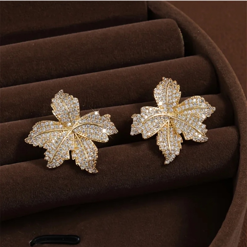 Gold Pave Maple Leaf Statement Earrings Rhinestone Sparkle
